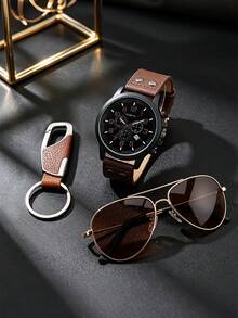 3/5PCS Men's Business Casual Watch Gift Set, Calendar Watch + Keychain + Pen + Brown Glasses + Embossed Wallet, Perfect Gift For Daily Wear And Gifting - Mouldless - View 11