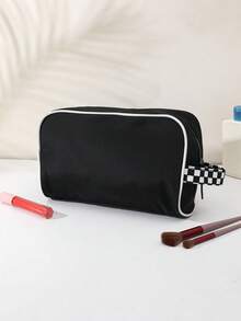 1pcs Women's Black Contrast Piping Makeup Bag With Checkerboard Handle, Large Capacity Cosmetic Organizer - View 1