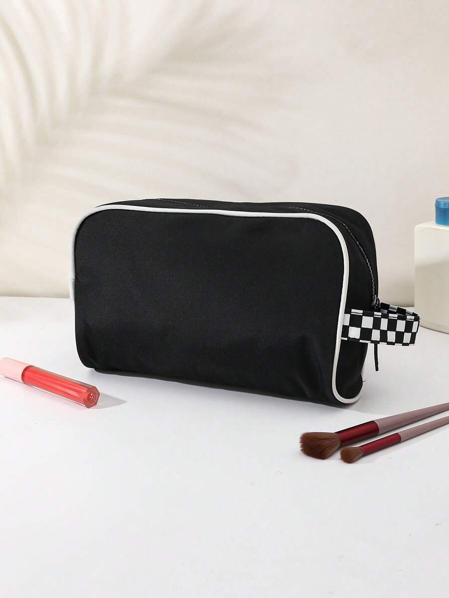 1pcs Women's Black Contrast Piping Makeup Bag With Checkerboard Handle, Large Capacity Cosmetic Organizer - View 1