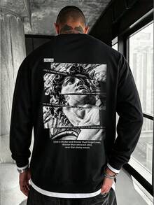 Men's Crew Neck David Statue Collage Print 2 In 1 Long Sleeve Top With Extended Hem - Black - View 1