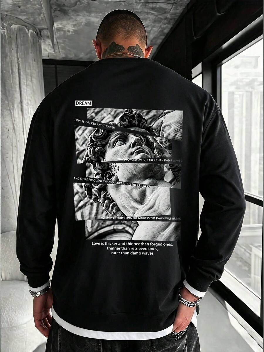 Men's Crew Neck David Statue Collage Print 2 In 1 Long Sleeve Top With Extended Hem - Black - View 1