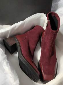 Elastic Short Shaft Leg-Hugging Boots New Commuter Leather Square Toe Chunky Heel Back Zipper High Heel Slim Boots - Burgundy - View 6