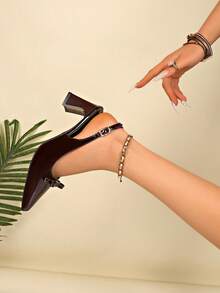 Women's Vintage Brown Patent Leather Bow Pointed Toe Slingback Sandals, Adjustable Buckle Chunky Heel Party Commute Low Vamp High Heel Shoes - Brown - View 5