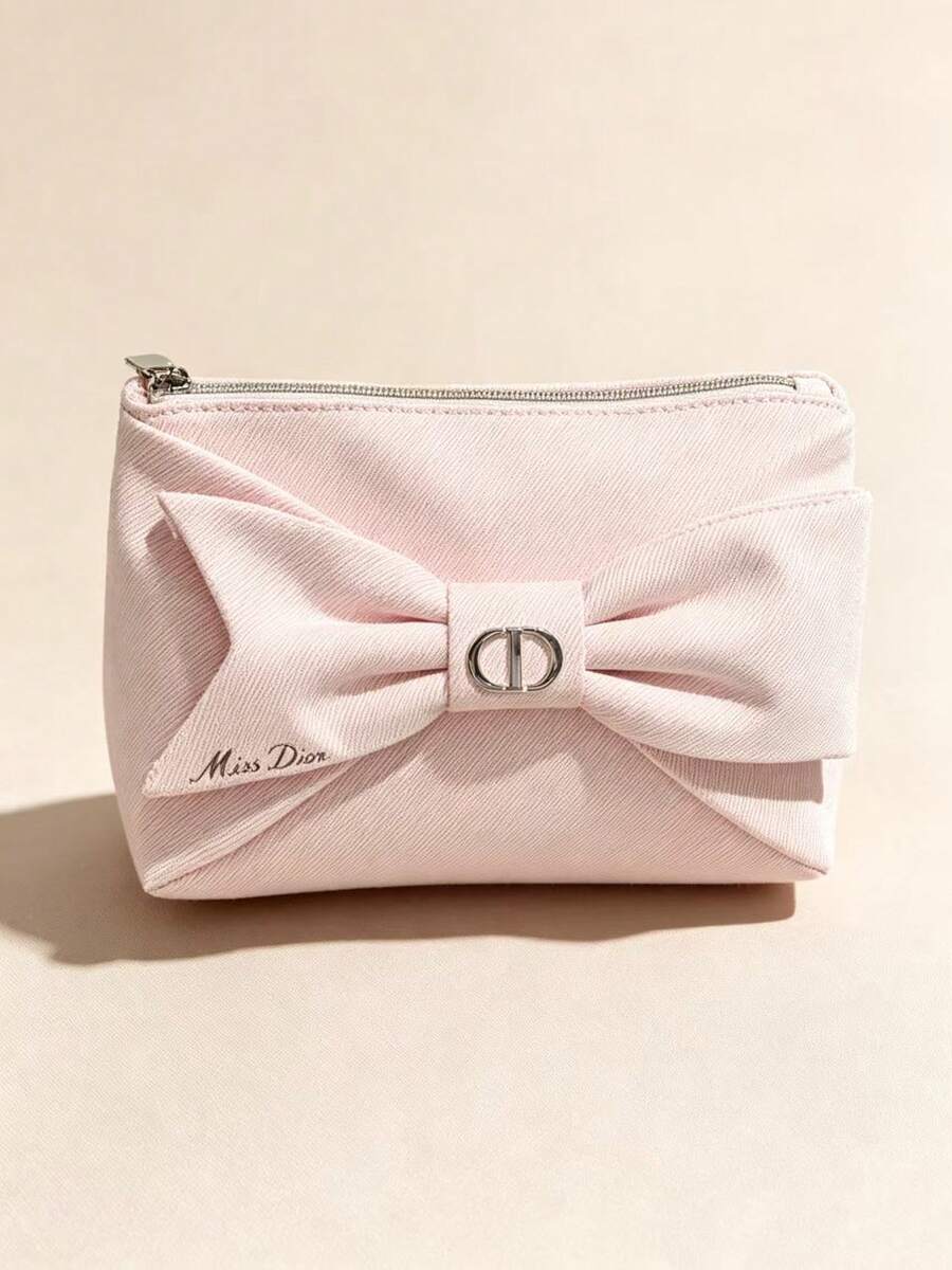 Dior Pink Bow Luxury Makeup Bag, Metal Buckle Fabric Cosmetic Organizer - Pink Bow Makeup Bag - View 1
