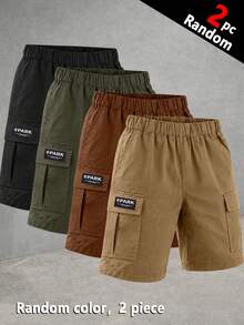 [2pcs Random]2pcs Boys' Casual Summer Sports Outdoor Pocket Fashion English Woven Label Cargo Shorts, Spring/Autumn - Khaki - View 8