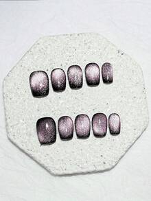 10片酷黑色與深紫色漸層貓眼亮片短方型假指甲，顯膚色，可拆卸且可重複使用美甲用品（1片果凍貼 + 1個指甲锉） - 紫色 - 查看 13