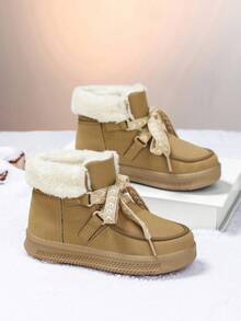 1 Pair Girls' High-Top Lace-Up Snow Boots, Thick Fleece Lining, Anti-Slip, Khaki Color, Warm Winter Boots - Camel - View 6