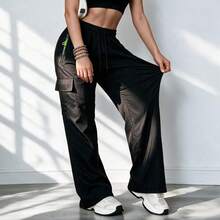 Women's Straight Drawstring Elastic Waist Zipper Pocket Sweatpants, Casual Outdoor Straight Cargo Pants, Neon Color Accents, Spring/Autumn Black - Black - View 2