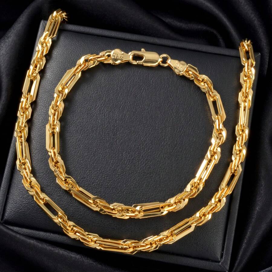 18K Gold Plated Interlocking Rectangular Chain Jewelry Set, Hollow Chain Necklace And Bracelet, Suitable For Women And Men Daily Streetwear - Gold - View 1