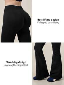 NcmRyu Women's 1pc Colorblock Fold-Over High Waist Running Gym Yoga Pants With Flared Leg - Black - View 6