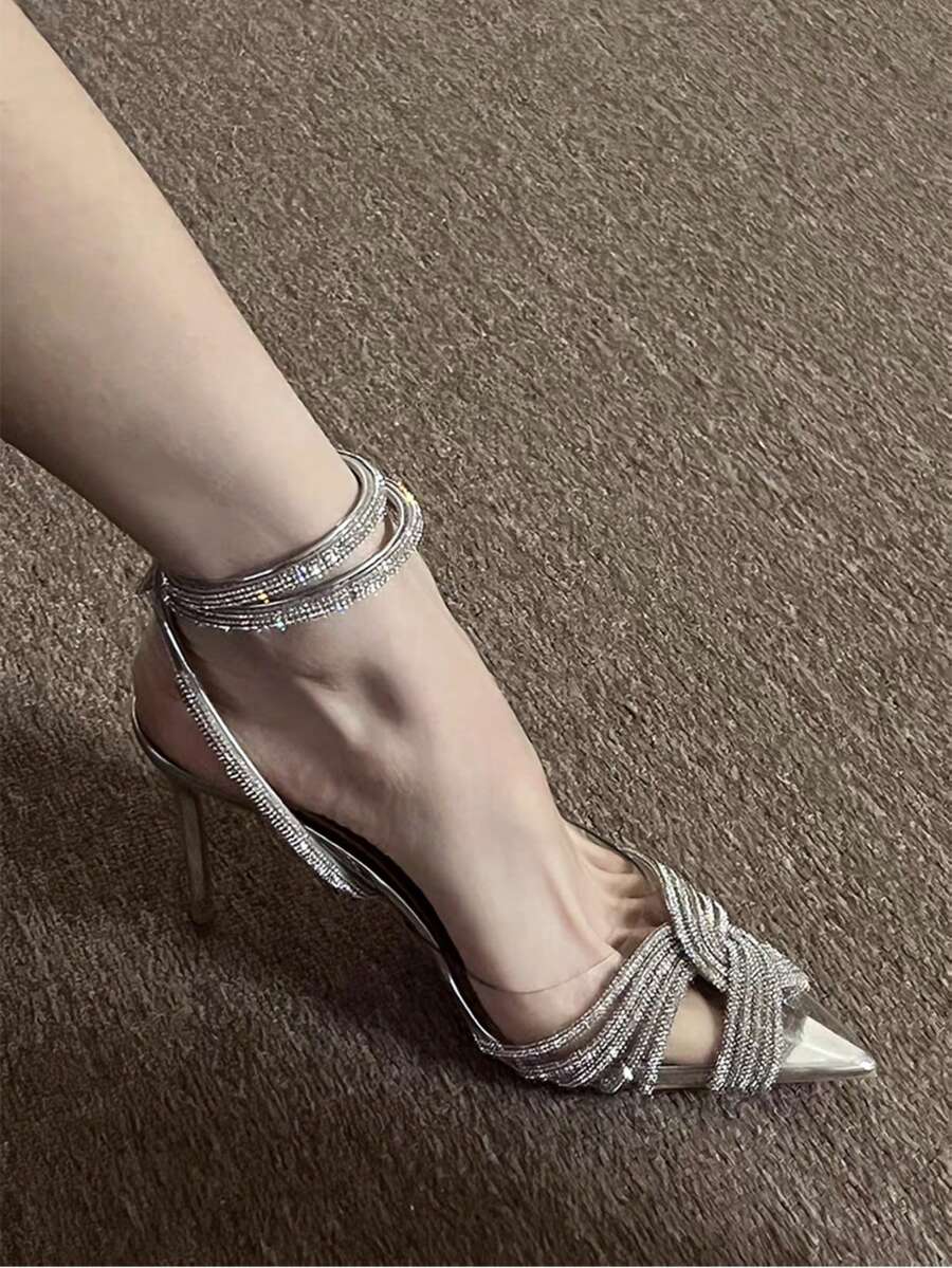 Silver Rhinestone Pointed Toe Stiletto High Heel Sandals For Women With Ankle Strap, Bowknot, Crystal Decor, Transparent Party Evening Dress Shoes - Silver - View 1