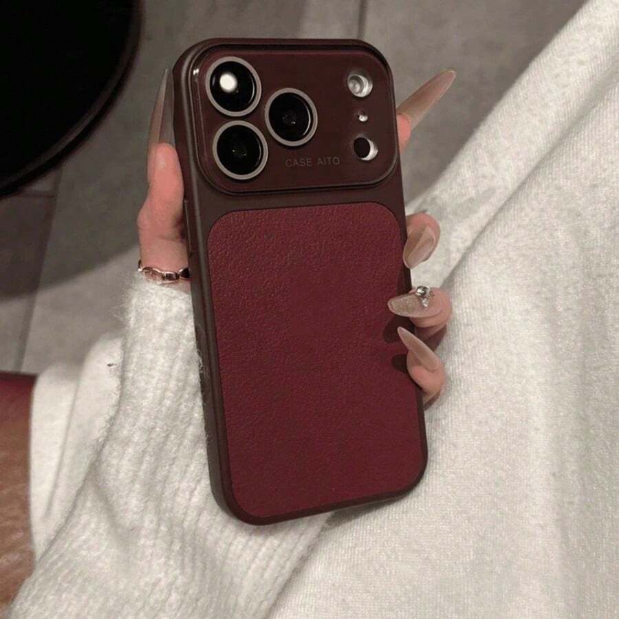 Luxury Lychee Pattern Faux Leather Large Window Phone Case, For 17 Pro Max, 17 Pro, 17, 16 Pro Max, 16 Pro, 15 Pro Max, 15 Pro, 13 Pro Max, 14 Pro, 16, 15, 14, 13, Lens Protection, Shockproof Back Cover - Retro Red - View 1