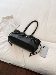 Black Soft Drawstring Shoulder Bag, Minimalist Ruched Slouchy, Large Capacity Commuter Underarm Bag For Women - Black - View 7