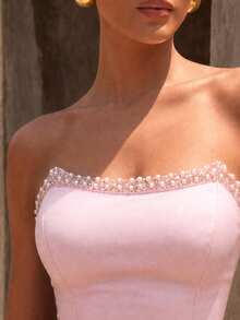 UNITHORSE Women's Formal Pink Chiffon Strapless Tie-Up Asymmetrical Pleated Maxi Evening Dress - Baby Pink - View 5