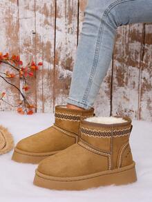 Women's Solid Color Faux Suede Thick Sole Short Snow Boots, Geometric Embroidered Collar With Contrast Stitching Detail - Khaki - View 7