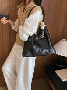 女款復古柔軟大容量托特包，花卉流蘇吊飾單肩包，極簡休閒通勤手提包 - 黑色 - 查看 9