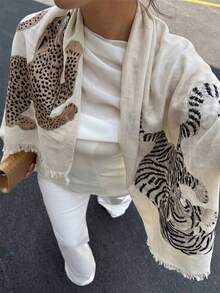 1件街頭風豹紋條紋格紋抓絨保暖棕色披肩圍巾，咖啡色披肩 - 米色 - 查看 5