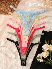 SQPVEH 6pcs Women's Sexy Adjustable Waistband Thong Panties With Lip Print Pattern, Lace Patchwork, Comfortable Elastic Breathable Triangle Thongs - Multicolor - View 5