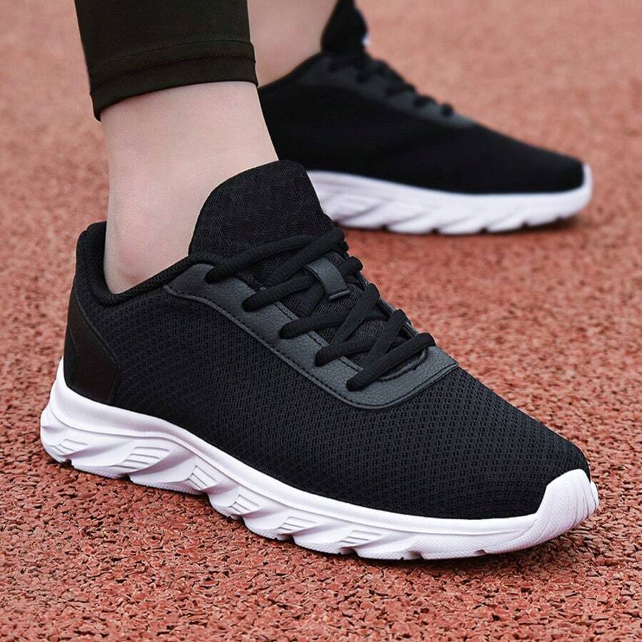 Men's Mesh Casual Sports Shoes, Lightweight Breathable Lace-Up Walking Sneakers - Black and White - View 1