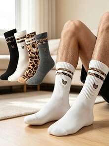 Random 4 Pairs Men's Leopard Print & Striped Patchwork Mid-Calf Socks, Retro Logo Design, Streetwear Style, Personalized Fashionable Multi-Color Socks - Multicolor - View 3