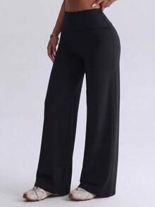 Women's Y2K Folded Waist Low-Rise Flare Pants, Elastic Soft Solid Color Bootcut Long Pants, Casual Home Streetwear Bottoms - Black - View 9