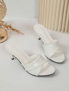 Fashion Pleated High Heel Sandals For Women, French Style Open Toe Stiletto Mule Slippers, Minimalist Elegant Outdoor Party Commute High Heel Sandals - White - View 5