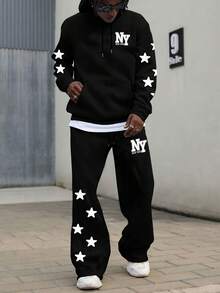 SU ER Men's Long Sleeve Drawstring Hoodie Sweatshirt And Loose Wide Leg Pants Set - Black - View 1