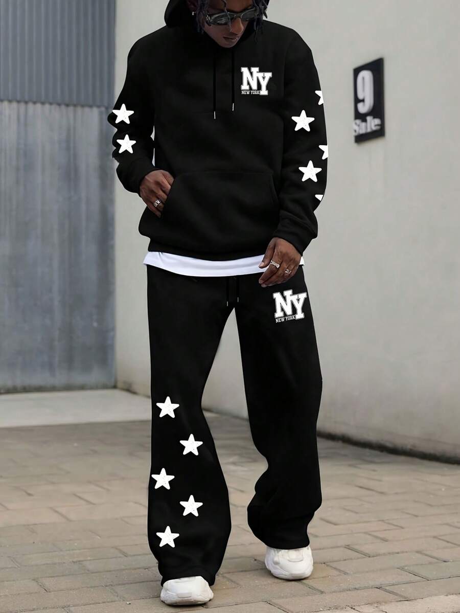 SU ER Men's Long Sleeve Drawstring Hoodie Sweatshirt And Loose Wide Leg Pants Set - Black - View 1