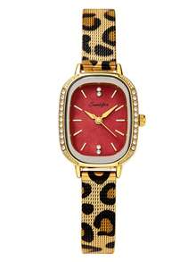 1pc Women's Square Oval Vintage Rhinestone Watch, Gold Alloy Case With Rhinestone Bezel, Red Dial, Leopard Print Metal Mesh Strap - Red - View 7