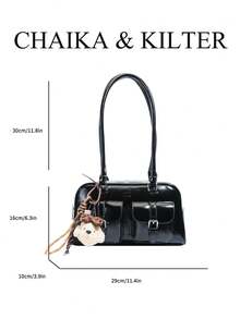 CHAIKA & KILTER 1件裝 素色亮面PU布料女款時尚單肩包 多口袋大容量波士頓保齡球包 拉鍊開合 適合日常與街頭使用（附吊飾） - 黑色 - 查看 2