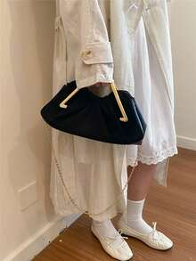 女款手提包 壓褶雲朵包 優雅女士 精緻奢華 金屬鏈條設計 高端時尚 適合購物約會派對 咖啡色 - 黑色 - 查看 3