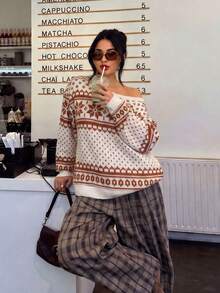 Women's Casual Fashion Asymmetrical Shoulder Knit Sweatshirt, Fair Isle, Autumn/Winter - Orange + Apricot - View 1