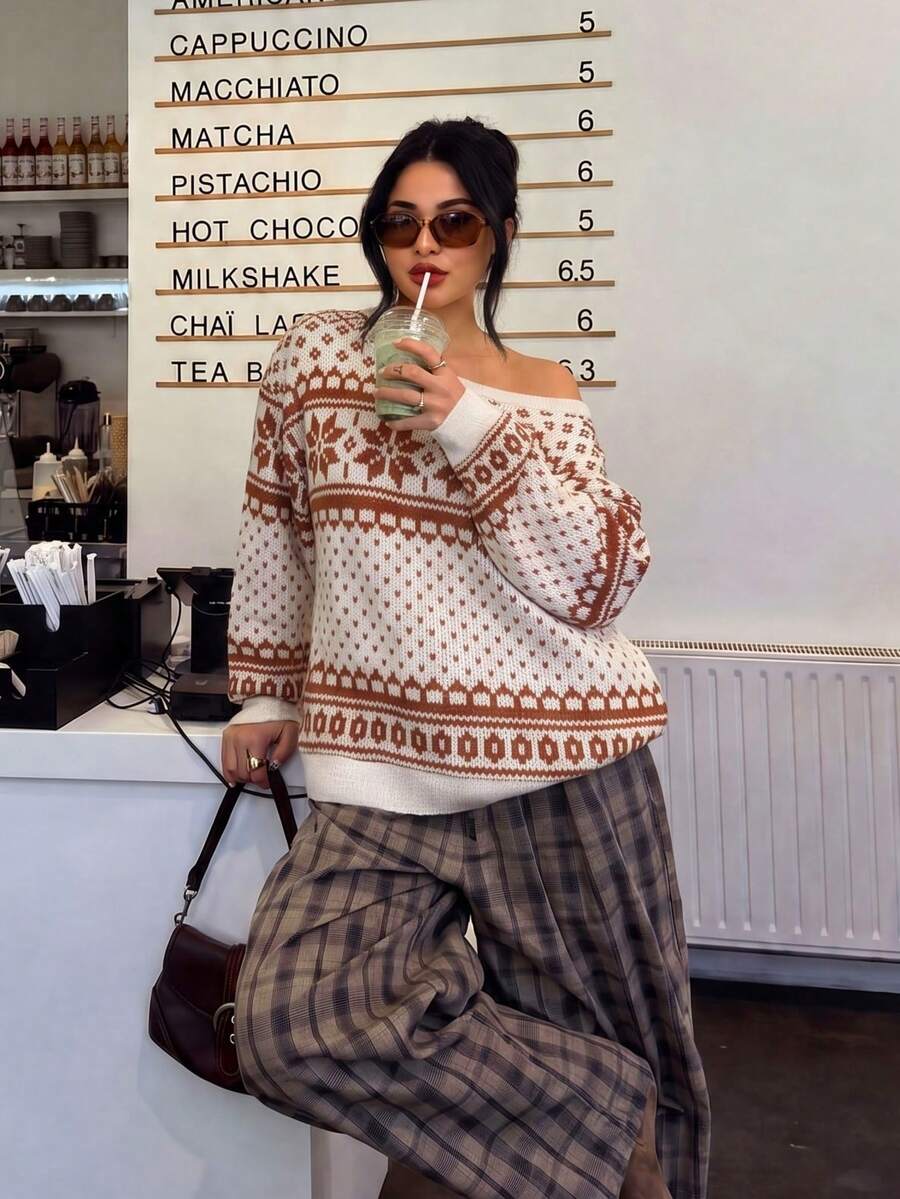Women's Casual Fashion Asymmetrical Shoulder Knit Sweatshirt, Fair Isle, Autumn/Winter - Orange + Apricot - View 1