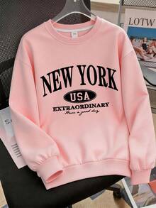 Girls And Teens Pink Crew Neck Sweatshirt With Creative Letter Combination Print Paired With Pink Wide Leg Pants, Fashionable And Versatile, Minimalist Yet Stylish Design Makes It An Ideal Choice For Casual Everyday Wear, Especially Suitable For Autumn And Winter - Pink - View 5