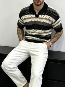 Men's Striped Short Sleeve Hollow Out Casual Knit Top - Black and White - View 5