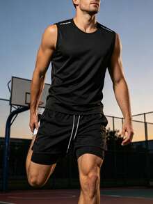 2pcs/Set Men's Sports & Fitness Outfit, Vest + Shorts, Summer Indoor/Outdoor Workout Running Set Black - Black - View 2