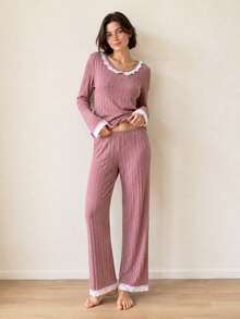 Autumn New Ribbed Long Sleeve Top + Long Pants Loungewear Set, Casual Comfortable 2 Pieces Pajama Set - Pink - View 4