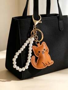 1 buah Gantungan Kunci Kulit PU Motif Kucing Tersenyum Kartun untuk Wanita dengan Rantai Mutiara Imitasi, Gantungan Kunci Tas, Ransel, Mobil, Jahitan Tangan, Hadiah Kecil Kreatif untuk Pecinta Kucing - MultiWarna - View 5