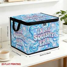 1pc 2DFlat Foldable Zipper Storage Box, Blue Iridescent Fluid Shell Fun English Art Letter Full Print Design, Can Store Clothes, Bedding, Nail Tools, Holiday Sundries, Suitable For Under Bed, Wardrobe Placement And Moving Packing, Zipper Closure Secure, Reinforced Handle Durable Weight-Bearing Living Room Sundries Storage Basket, Dormitory Seasonal Bedding, Book Storage Supplies - A - View 2
