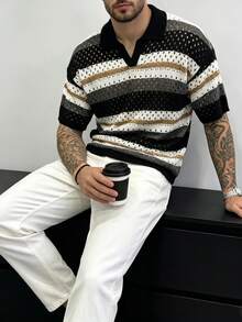 Men's Striped Short Sleeve Hollow Out Casual Knit Top - Black and White - View 1