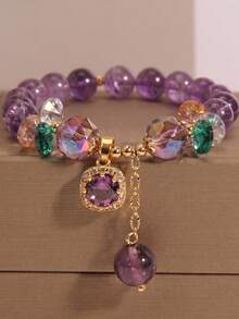 1pc Natural Amethyst Beaded Bracelet, Niche Design Colorful Crystal Pendant Bracelet, Vintage Style Women's Hand Accessory - Multicolor - View 1