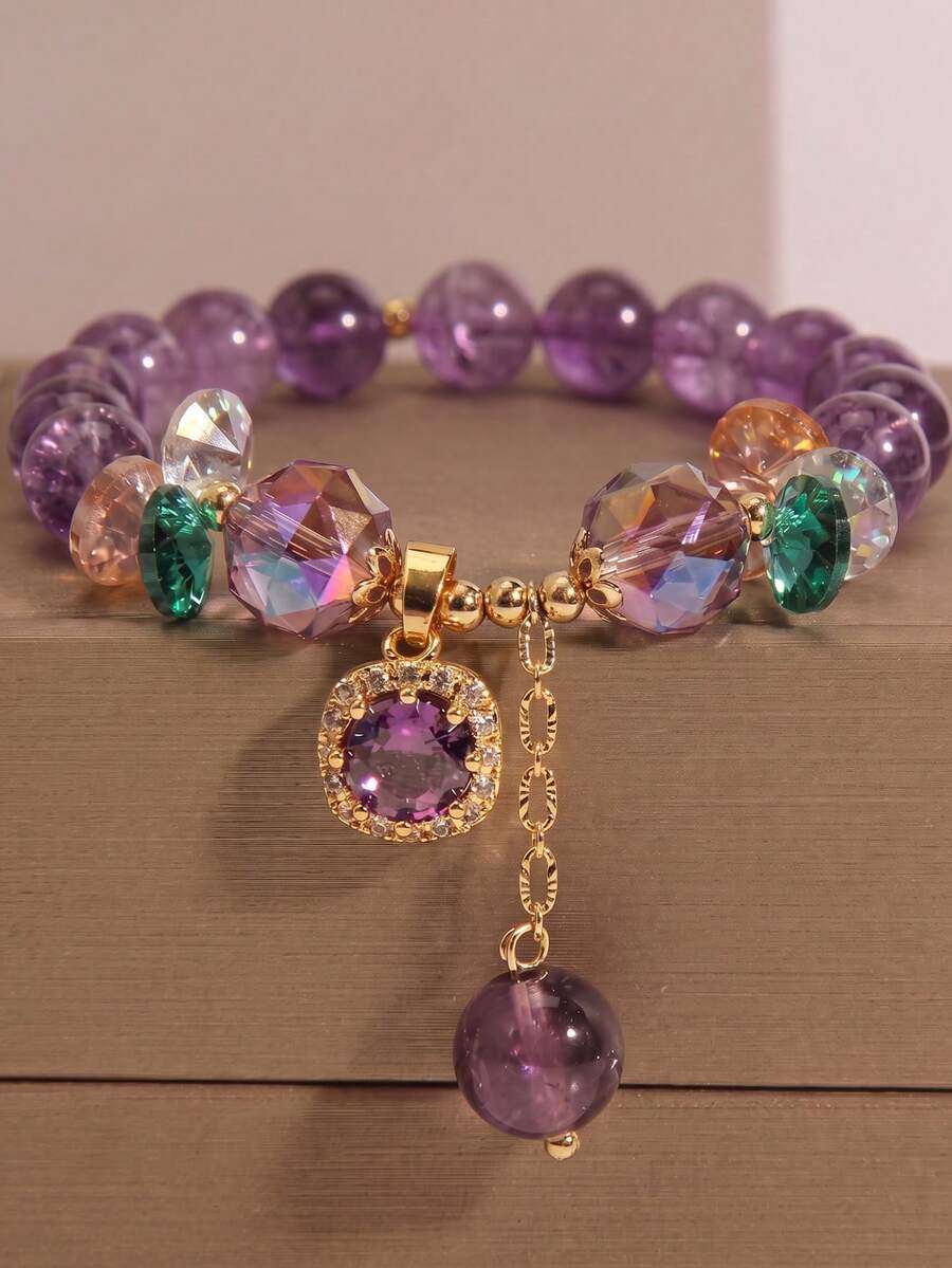 1pc Natural Amethyst Beaded Bracelet, Niche Design Colorful Crystal Pendant Bracelet, Vintage Style Women's Hand Accessory - Multicolor - View 1