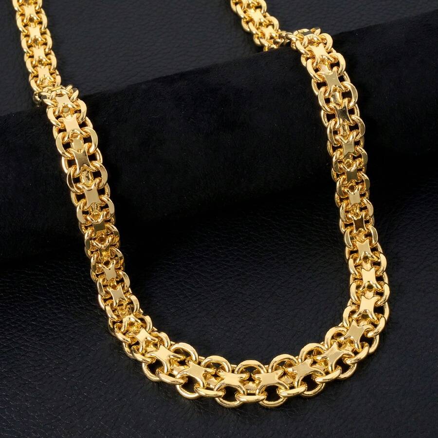 14K Gold Copper Thick Interlocking Chain Necklace, Heavy-Duty Vintage Men's Street Style Everyday Wear Jewelry - Gold - View 1