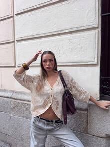 Bohemian Style Women's Crochet Knit Blouse, Lightweight & Flowy For Vacation, Brunch, Mother's Day Gift Summer - Apricot - View 4