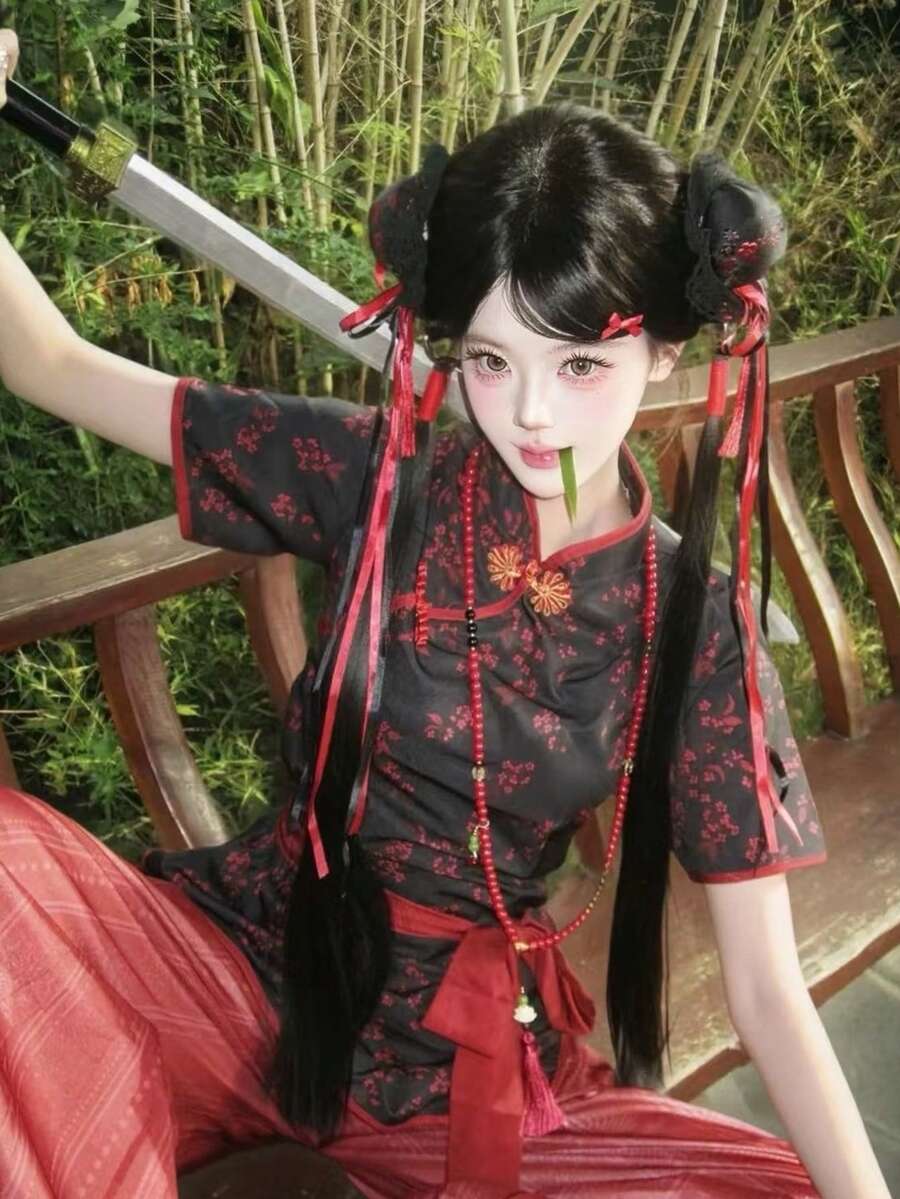 インフルエンサー ばくはつ金 末の妹 漢服 中華娘 料理番の娘 COSブラックブルー チャイナドレス 江湖（こうこ） 武侠風ハロウィン 仮装スカート制服halloween costumes for women漢服漢服仮装ハロウィン