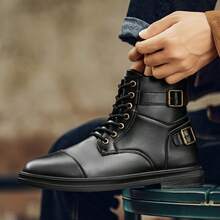 Men's High Gloss Pure Black Thick Sole Height Increasing Boots, Oxford Boots And Dress Boots - Black - View 4