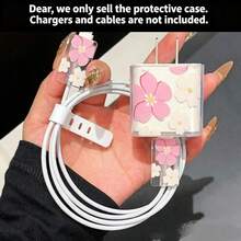 Personalized Floral Print Protective Case Compatible With Apple Data Cable, Charger Head, 13/14/15 Pro Max, Anti-Cat Bite - Pink Large Flower 18/20W 1 Head + 2 Bite Rings + 1 Strap - View 4