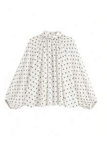 Plus Size Women's Pure White Polka Dot Elegant Chiffon Stand Collar Loose Tie Back Blouse, Suitable For Vacation Beach Spring Autumn - White - View 6
