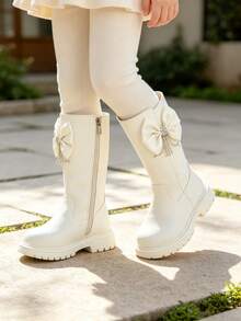 1 Pair Cream White Satin Bow Rhinestone Tassel Decor Smooth Faux Leather Side Zipper Round Toe High Shaft Thick Sole Sweet Princess Style Children's Tall Boots For Party Holiday Daily Wear - White - View 2