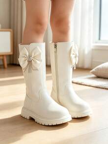 1 Pair Cream White Satin Bow Rhinestone Tassel Decor Smooth Faux Leather Side Zipper Round Toe High Shaft Thick Sole Sweet Princess Style Children's Tall Boots For Party Holiday Daily Wear - White - View 3